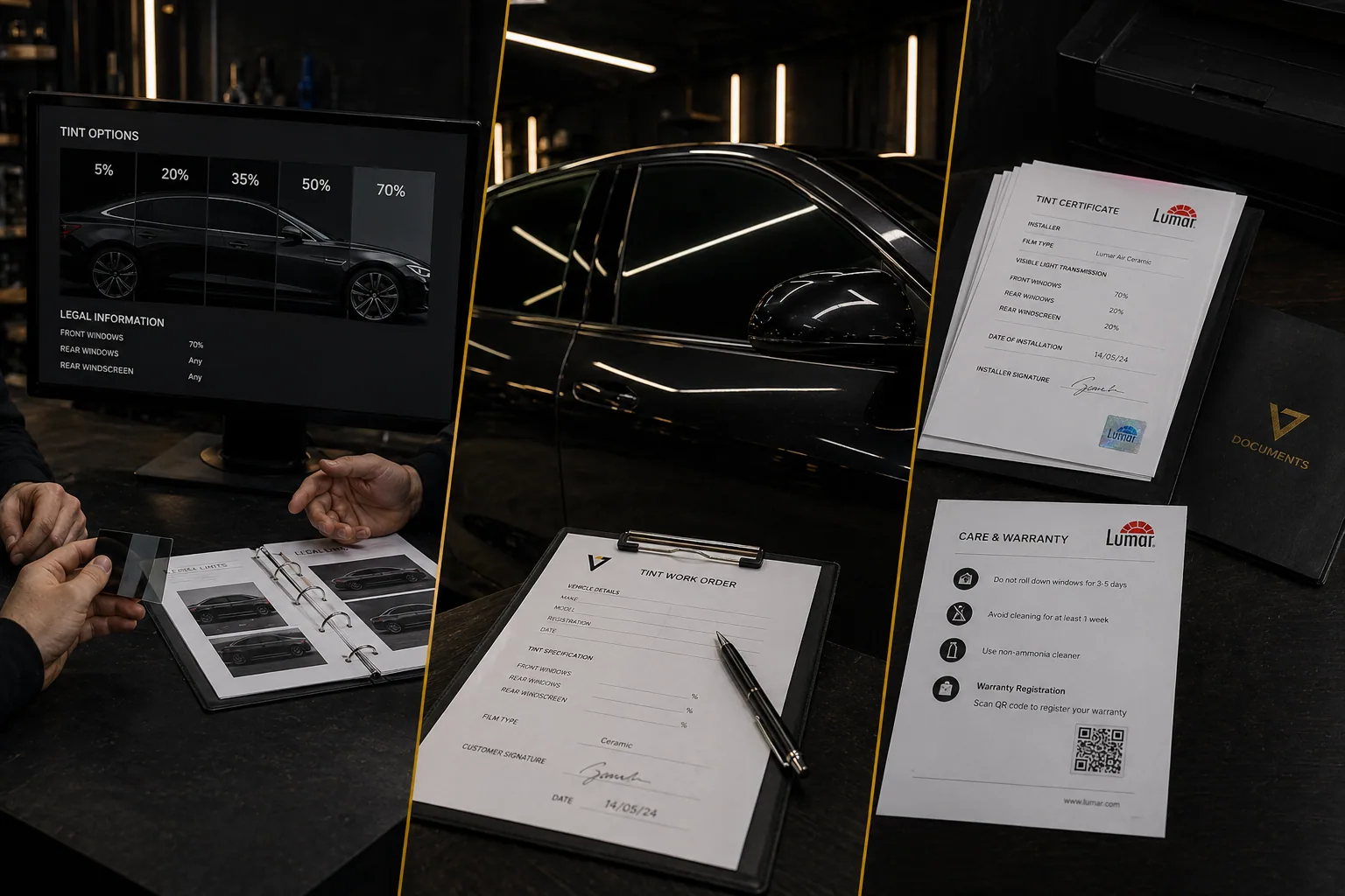 Three-panel collage showing tint options on a monitor, a black car beside paperwork, and printed tint certificates and warranty documents